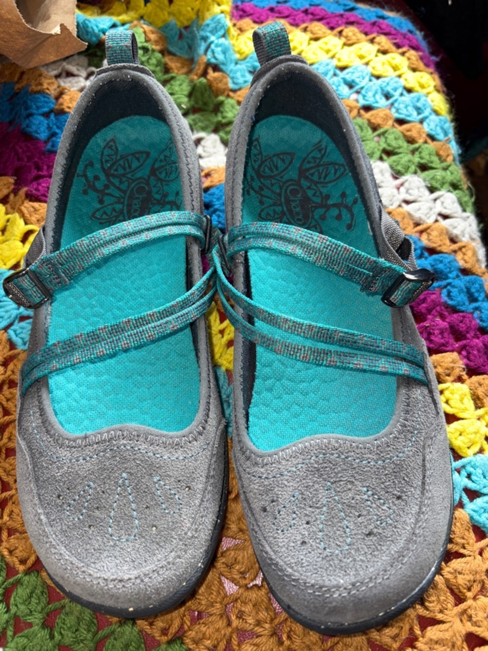 Chaco Mary Jane flats, Suede, gray, turquoise, sz 7.5